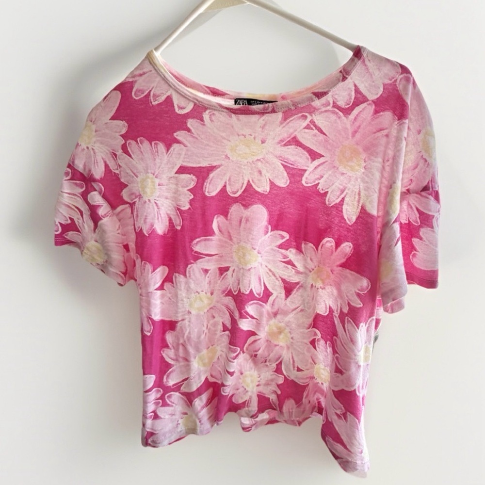 Zara Pink Short Sleeve Shirt size S Daisy Flower Printed Casual Pullover spring - Picture 2 of 6